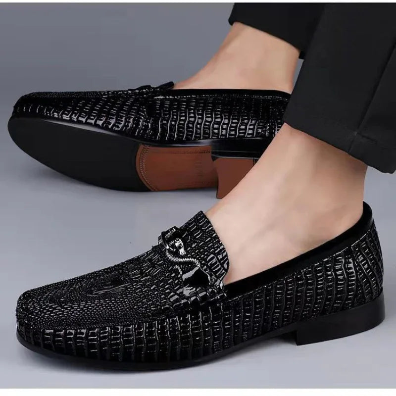 Mocassins en Cuir Gaufré Motif Serpent à Enfiler, Chaussures Plates Décontractées de Conduite en Cuir