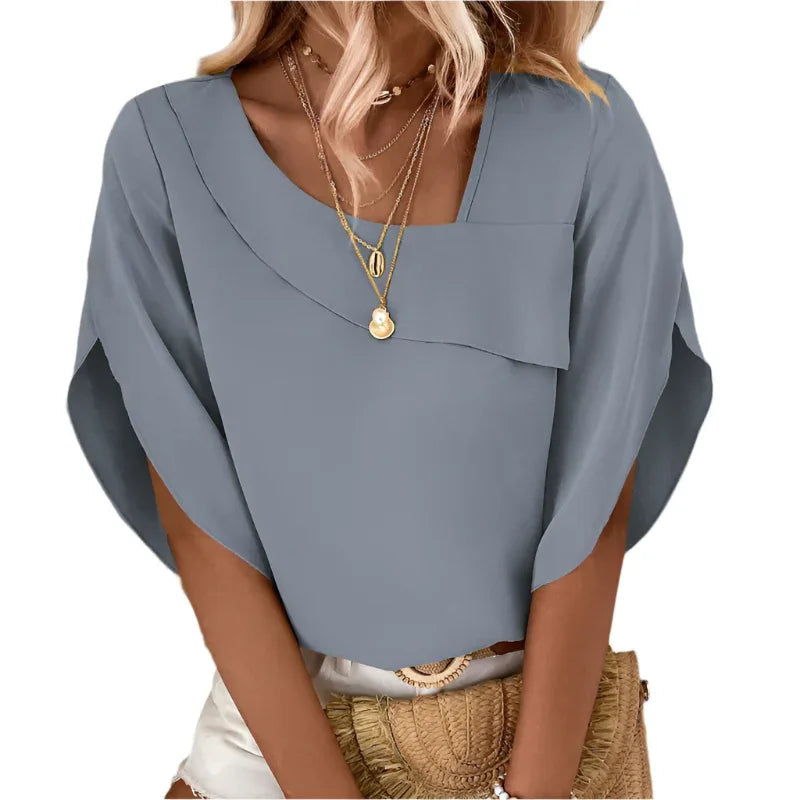 Damen Bluse mit asymmetrischem Ausschnitt und Blütenärmeln