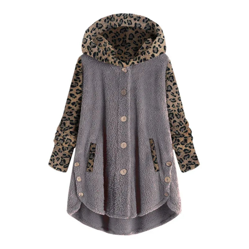 Manteau à capuche léopard en peluche à manches longues pour femmes pour l'automne et l'hiver