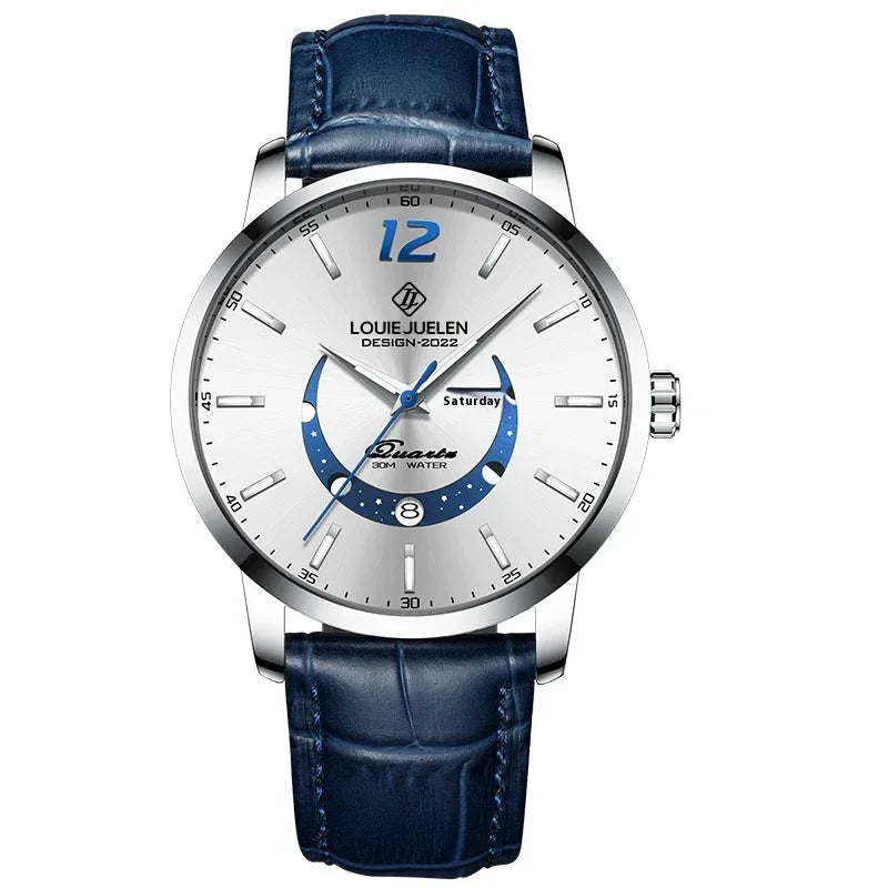 Leuchtende Wasserdichte Armbanduhr Herren Mode Echtes Lederarmband Quarzuhr