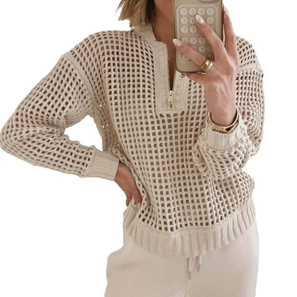Mode Damen Pullover Reißverschluss Halb-Cardigan Aushöhl-Pullover