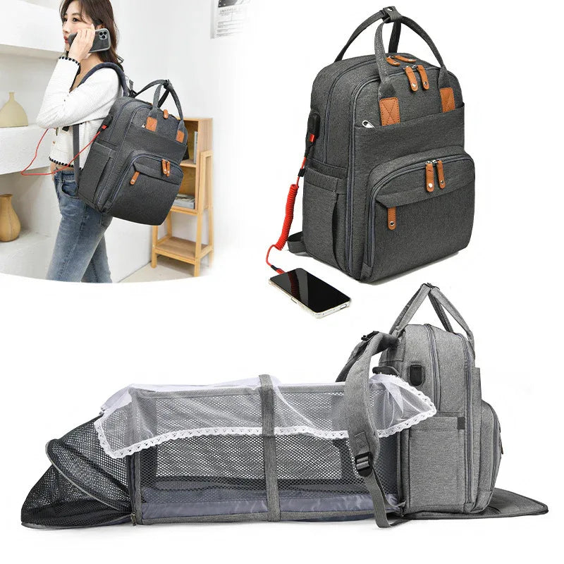 Maternity Unisex Wickeltasche mit USB-Ladeanschluss, isolierten Fächern, großem Fassungsvermögen und tragbarem, faltbarem Babybett