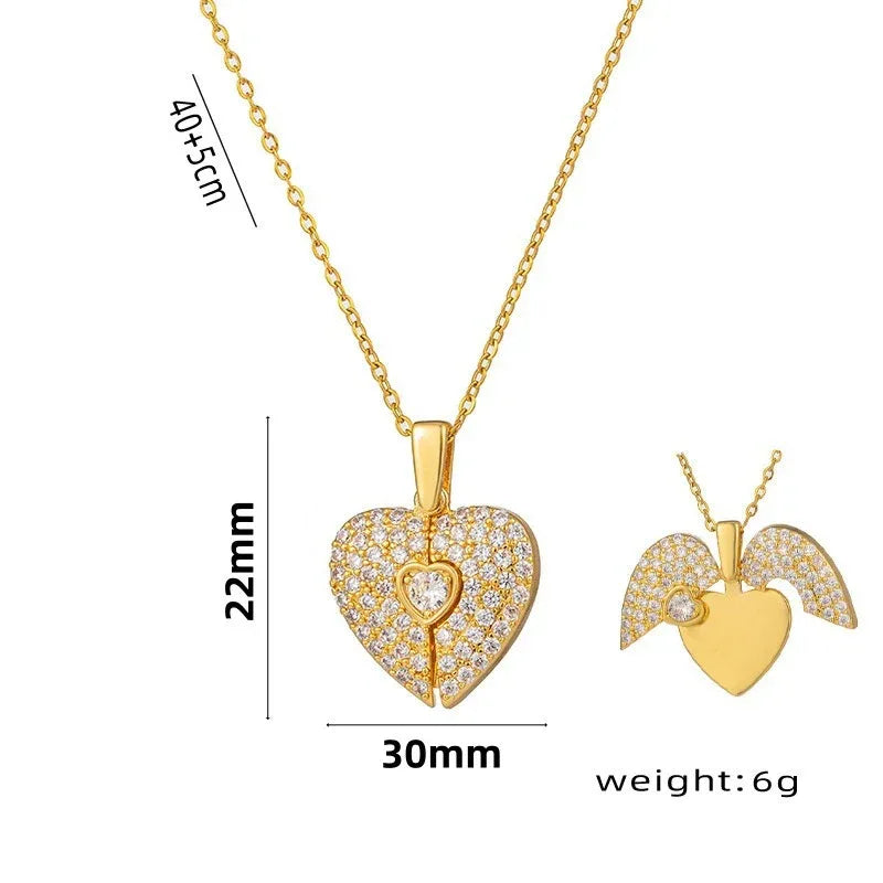Damen Herz Öffnen Und Schließen Halskette Flügel Anhänger Schlüsselbein Kette Schmuck