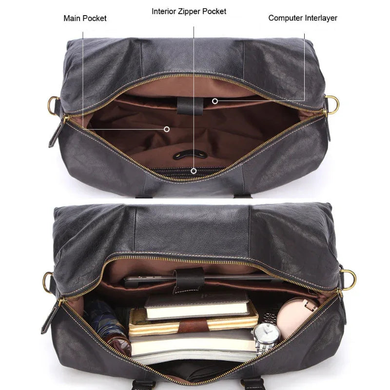 Sac de voyage du week-end grande capacité en cuir véritable avec bandoulière amovible