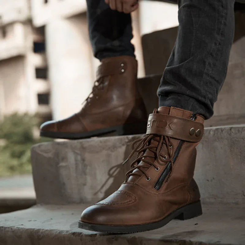 Bottes en cuir avec fermeture éclair latérale pour hommes, chaussures de moto