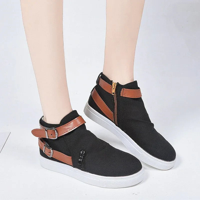 Chaussures pour femmes baskets en toile à double boucle avec fermeture éclair latérale