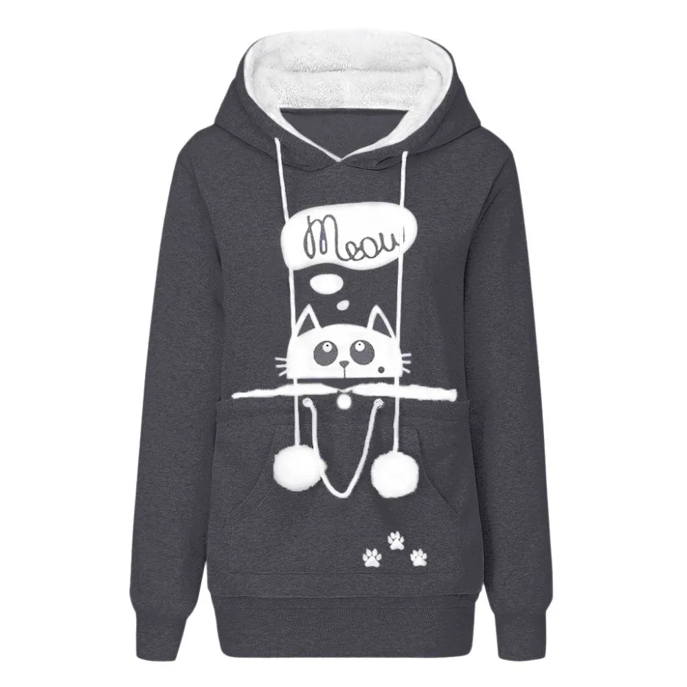 Sweat à capuche décontracté avec imprimé chat et grande poche pour animaux de compagnie, pulls à manches longues pour femmes, hauts à capuche