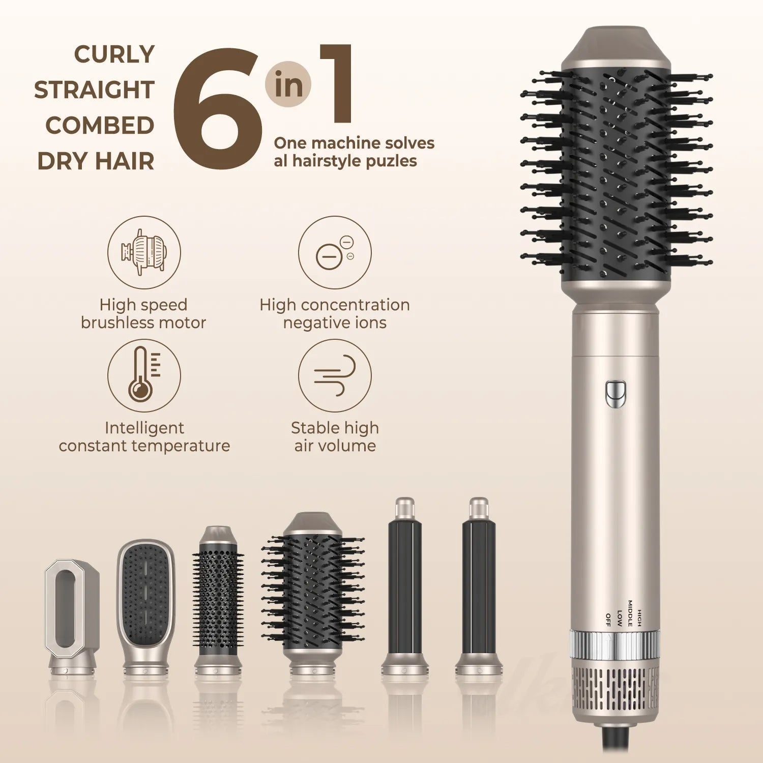 Brosse soufflante 6 en 1 avec ioniseur et tête détachable