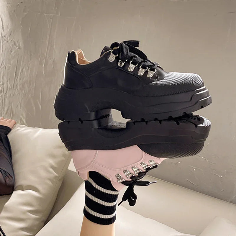Plateau-Lederschuhe Damen Britischer Stil Sneaker