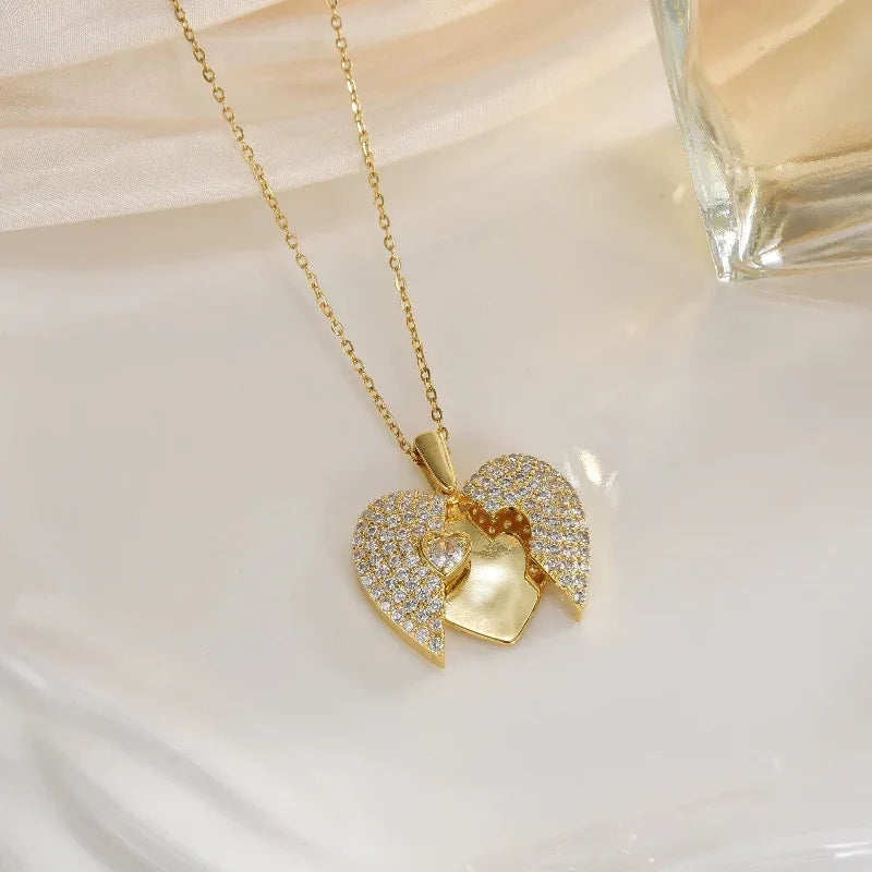 Damen Herz Öffnen Und Schließen Halskette Flügel Anhänger Schlüsselbein Kette Schmuck