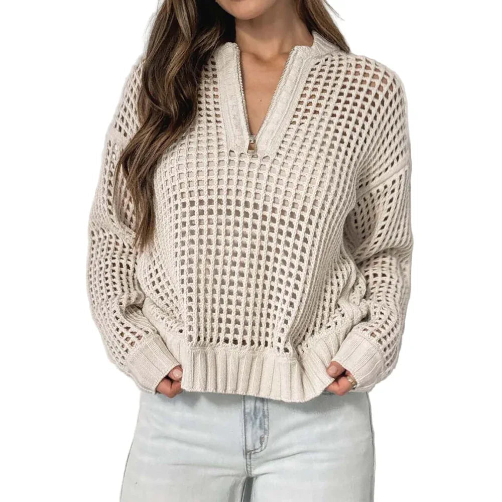 Mode Damen Pullover Reißverschluss Halb-Cardigan Aushöhl-Pullover
