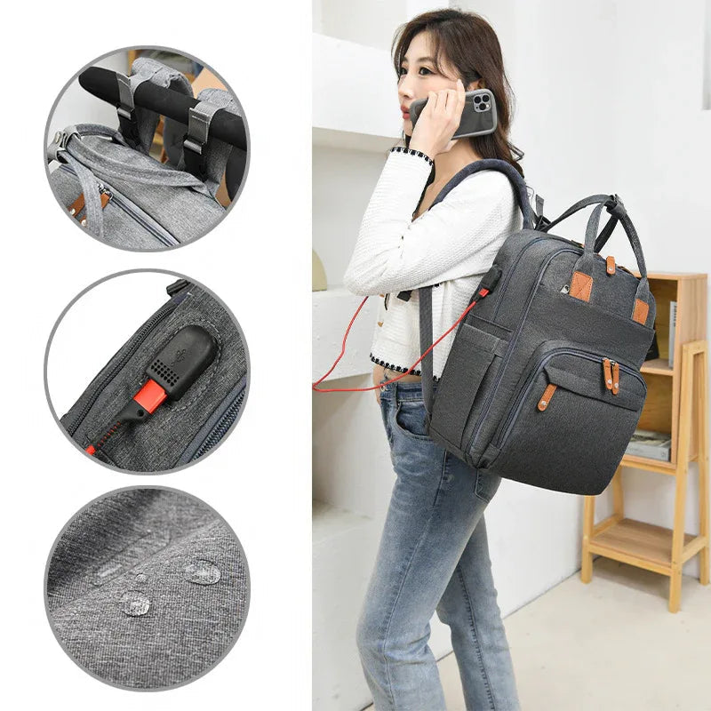 Maternity Unisex Wickeltasche mit USB-Ladeanschluss, isolierten Fächern, großem Fassungsvermögen und tragbarem, faltbarem Babybett