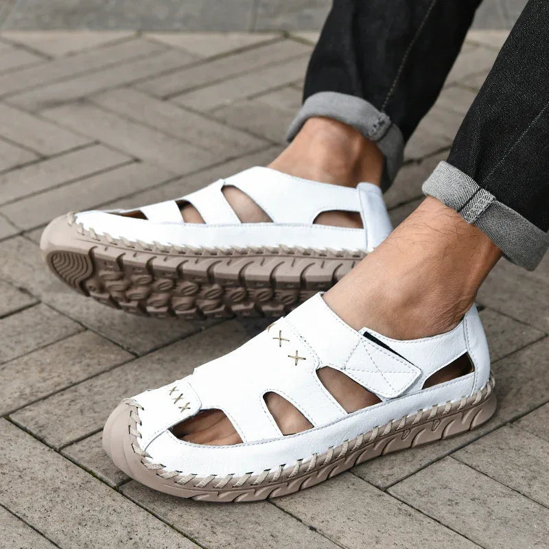 Chaussures décontractées pour hommes, sandales à scratch cousues à la main