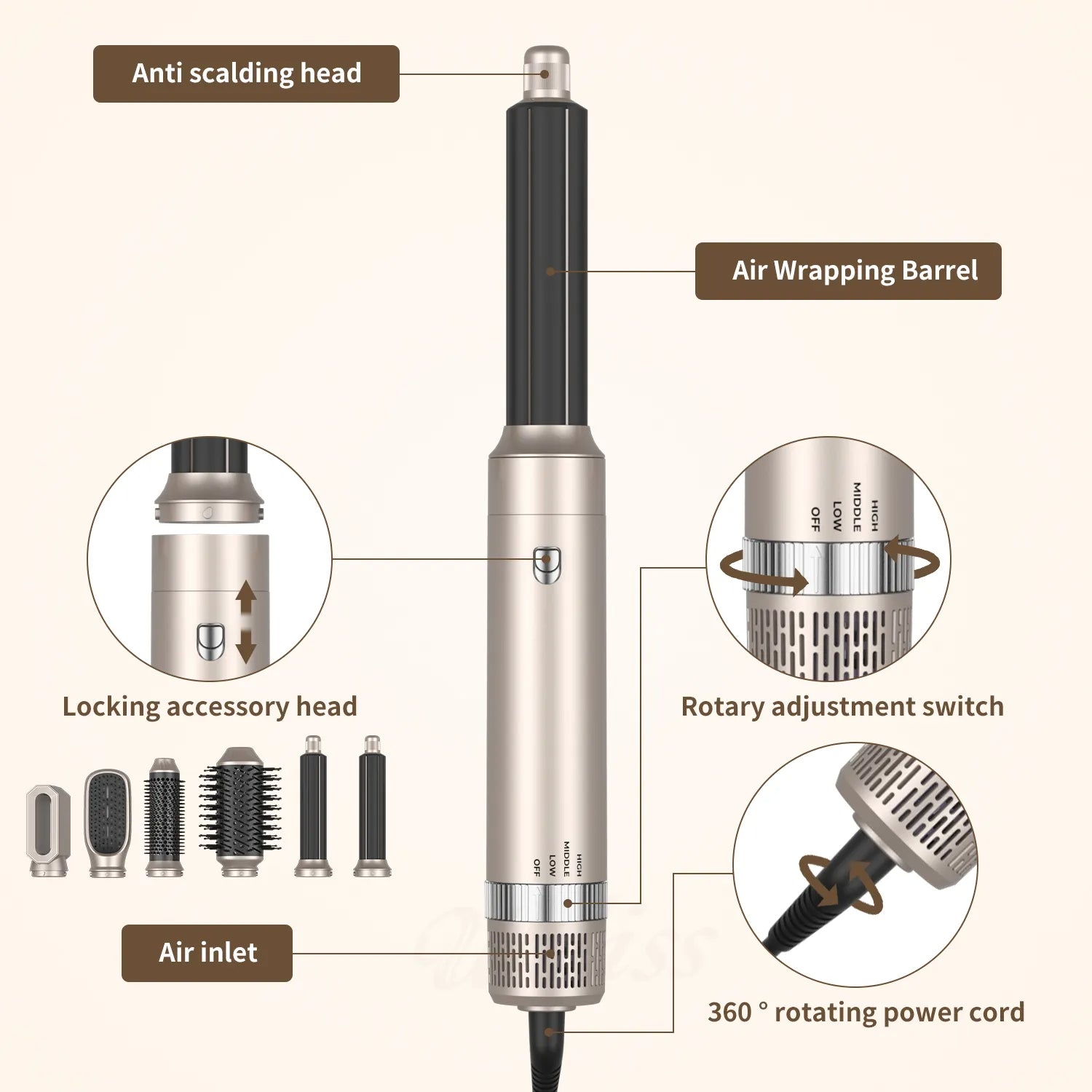 Brosse soufflante 6 en 1 avec ioniseur et tête détachable