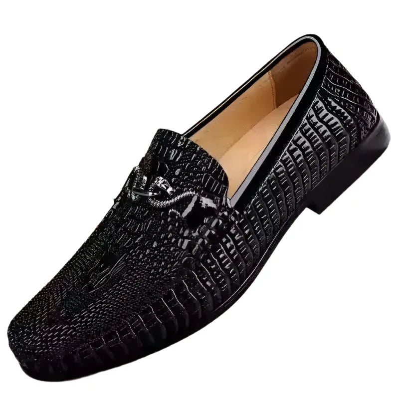 Mocassins en Cuir Gaufré Motif Serpent à Enfiler, Chaussures Plates Décontractées de Conduite en Cuir