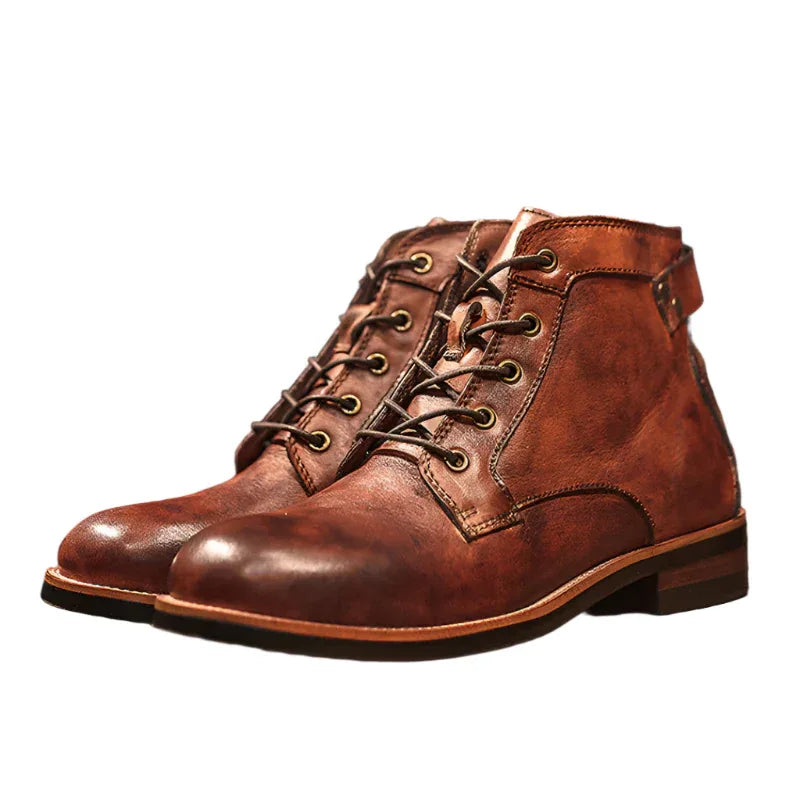 Bottes rétro homme en cuir à lacets - Chaussures moto à talon bas