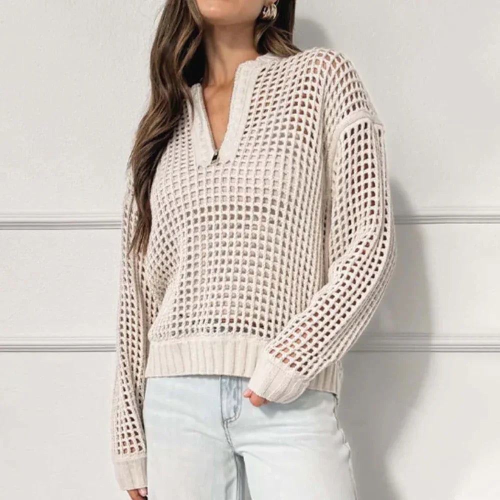 Mode Damen Pullover Reißverschluss Halb-Cardigan Aushöhl-Pullover