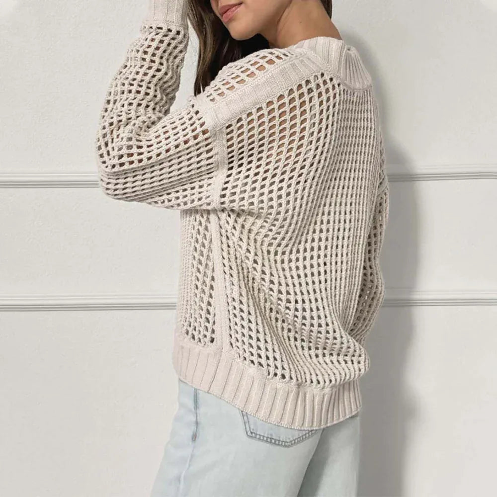 Mode Damen Pullover Reißverschluss Halb-Cardigan Aushöhl-Pullover