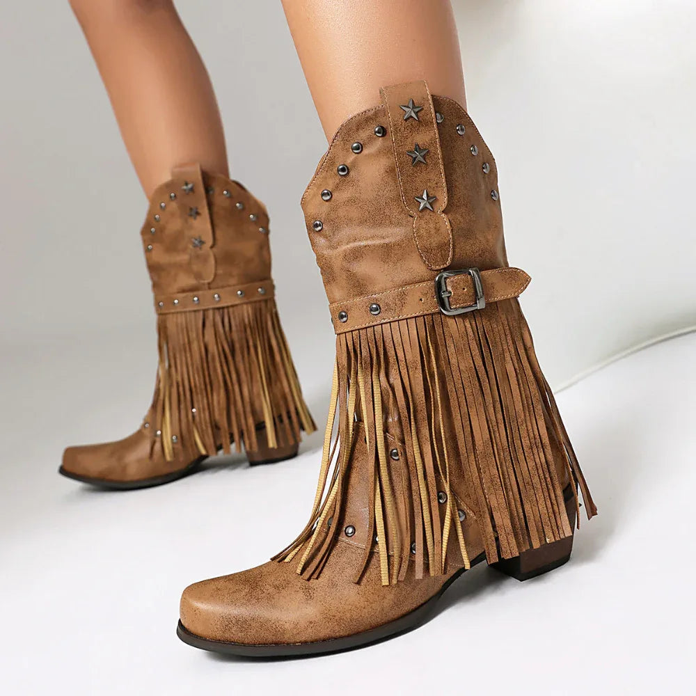 Herbst- und Winter-Quasten-Westernnieten-Gürtelschnallen-Stiefel für Damen