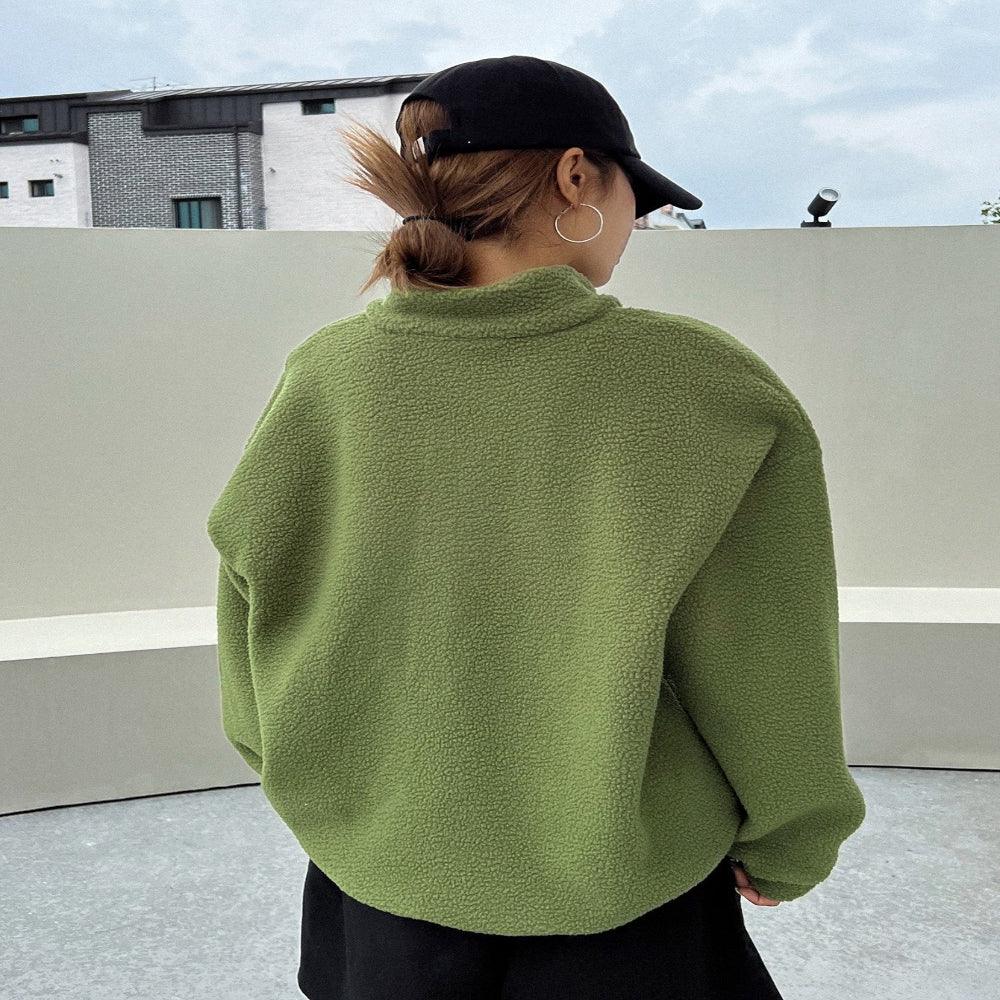 Geflicktes Detail Überschnittene Schulter Halb-Reißverschluss Fleece Sweatshirt Langarm Pullover Oberteile für Damen