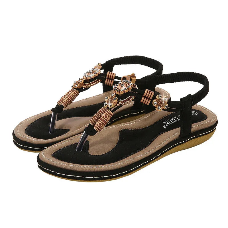 Sandales décontractées plates tressées perlées pour femme