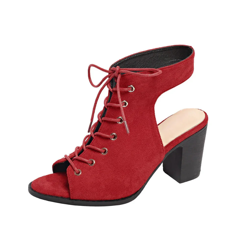Sandales à talon épais avec lacets, style estival, chaussures à bout ouvert pour femmes