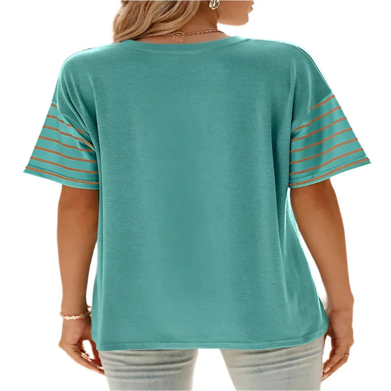 Damen Pullover Rundhals Lässiges Gestreiftes Kontrastfarbenes Kurzarm-T-Shirt