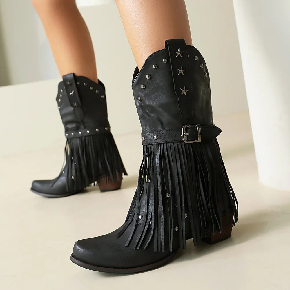 Herbst- und Winter-Quasten-Westernnieten-Gürtelschnallen-Stiefel für Damen