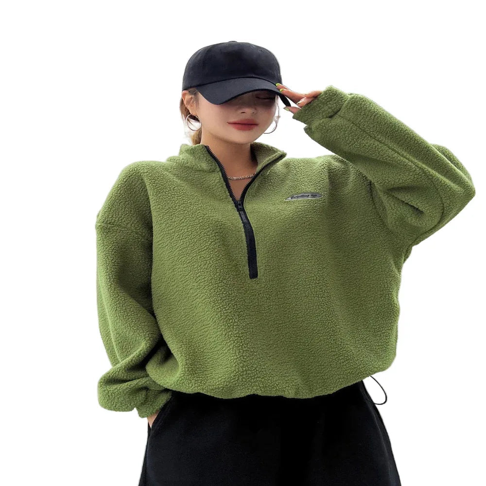 Geflicktes Detail Überschnittene Schulter Halb-Reißverschluss Fleece Sweatshirt Langarm Pullover Oberteile für Damen