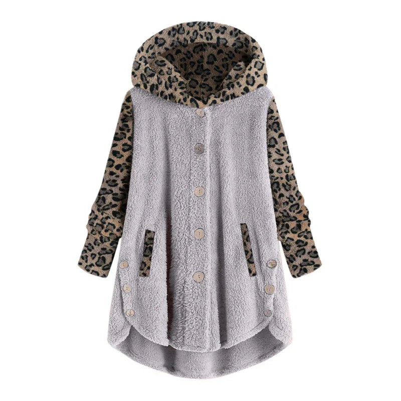 Manteau à capuche léopard en peluche à manches longues pour femmes pour l'automne et l'hiver
