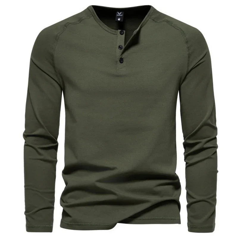 Herren Henry Kragen Langarm Lässiges Knopfleisten Uni-T-Shirt