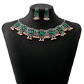 Vintage Emerald Earrings & Necklace Ethnic Style Square Tassel Bead Jewelry Set