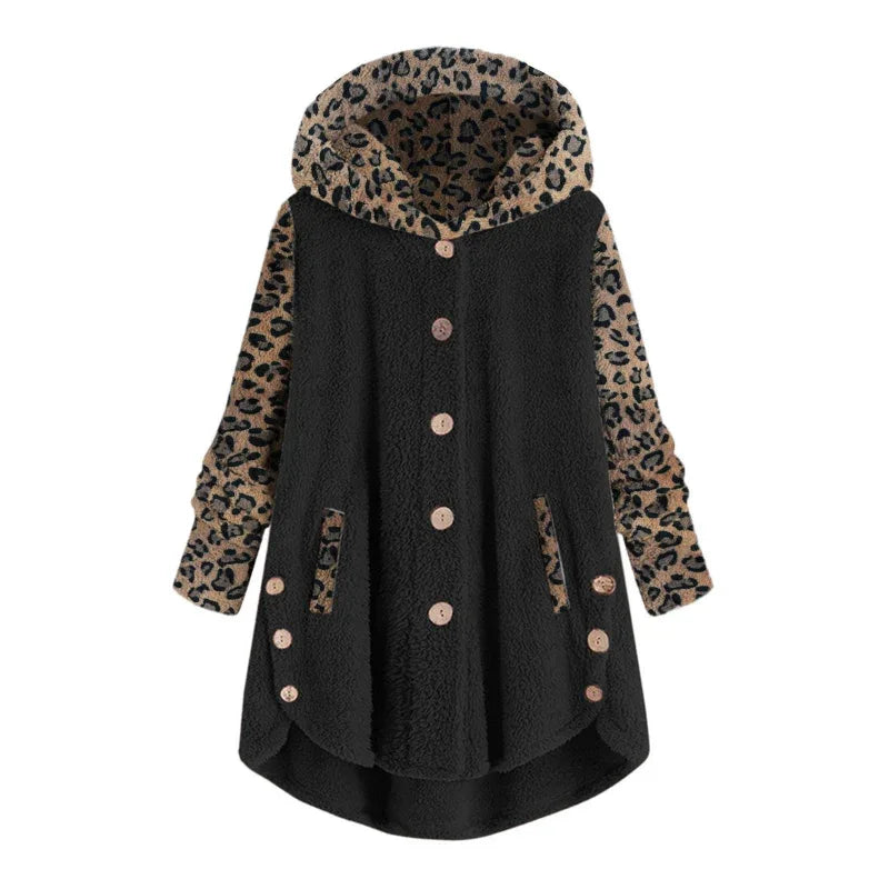 Manteau à capuche léopard en peluche à manches longues pour femmes pour l'automne et l'hiver