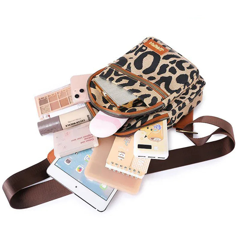 Leopardenmuster-Sling-Brusttasche mit Kopfhöreranschluss, Umhängetasche für Damen