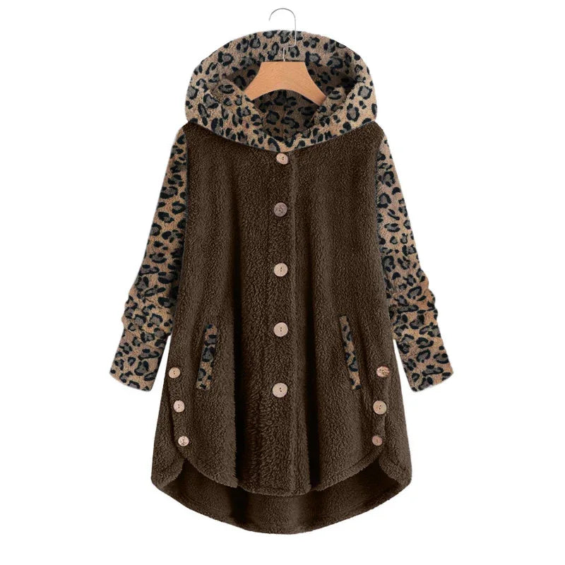 Manteau à capuche léopard en peluche à manches longues pour femmes pour l'automne et l'hiver