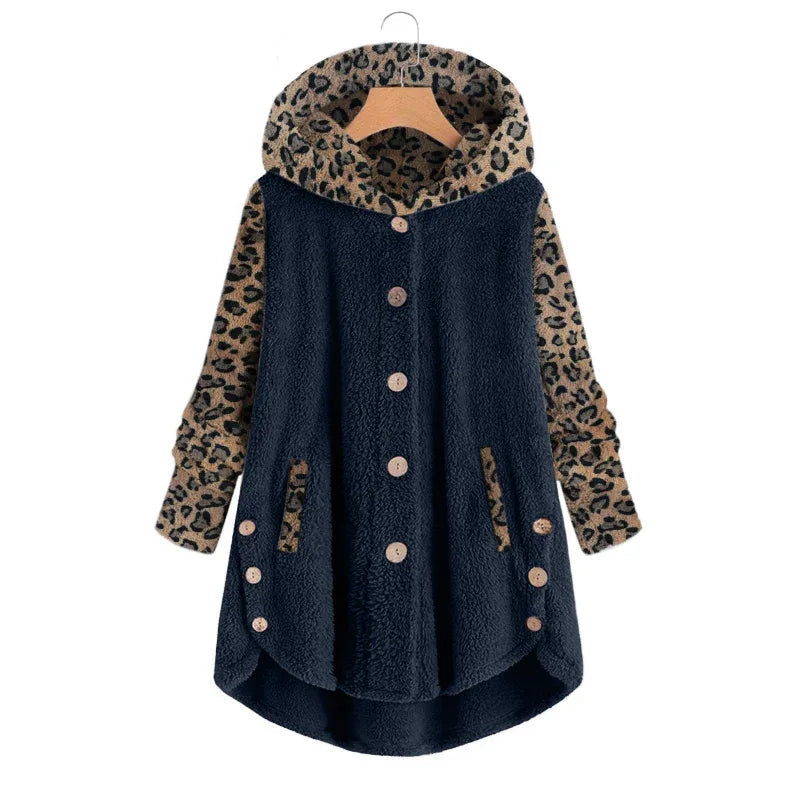 Manteau à capuche léopard en peluche à manches longues pour femmes pour l'automne et l'hiver
