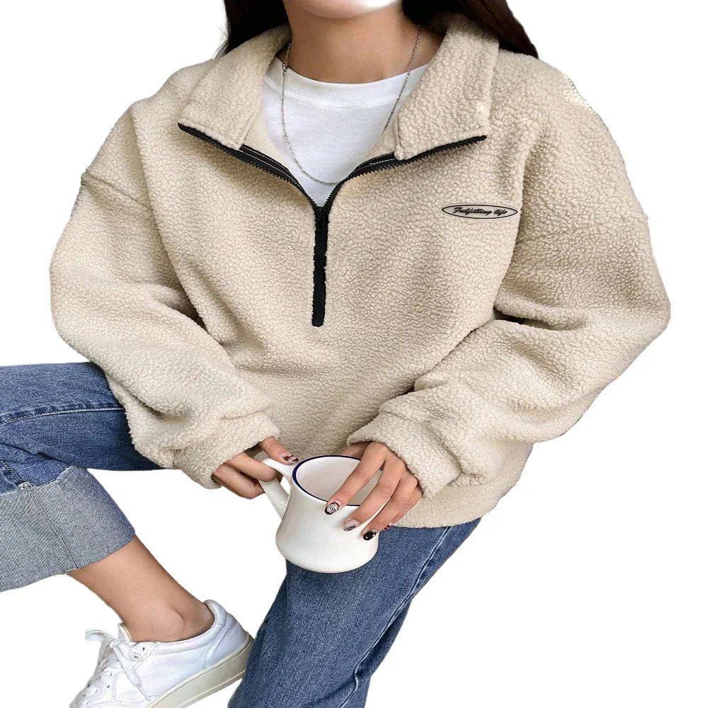 Geflicktes Detail Überschnittene Schulter Halb-Reißverschluss Fleece Sweatshirt Langarm Pullover Oberteile für Damen
