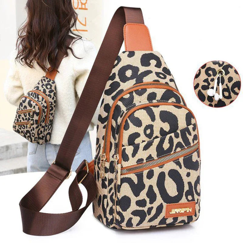 Leopardenmuster-Sling-Brusttasche mit Kopfhöreranschluss, Umhängetasche für Damen