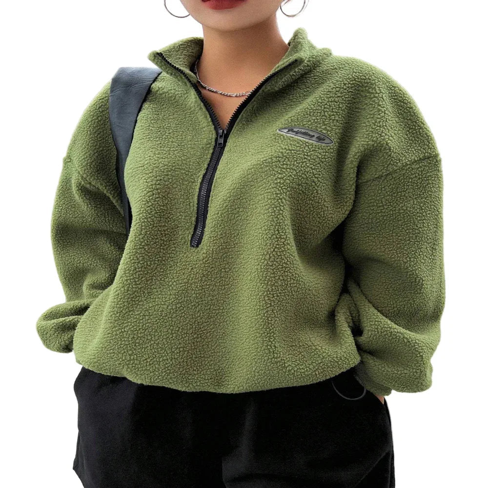 Geflicktes Detail Überschnittene Schulter Halb-Reißverschluss Fleece Sweatshirt Langarm Pullover Oberteile für Damen