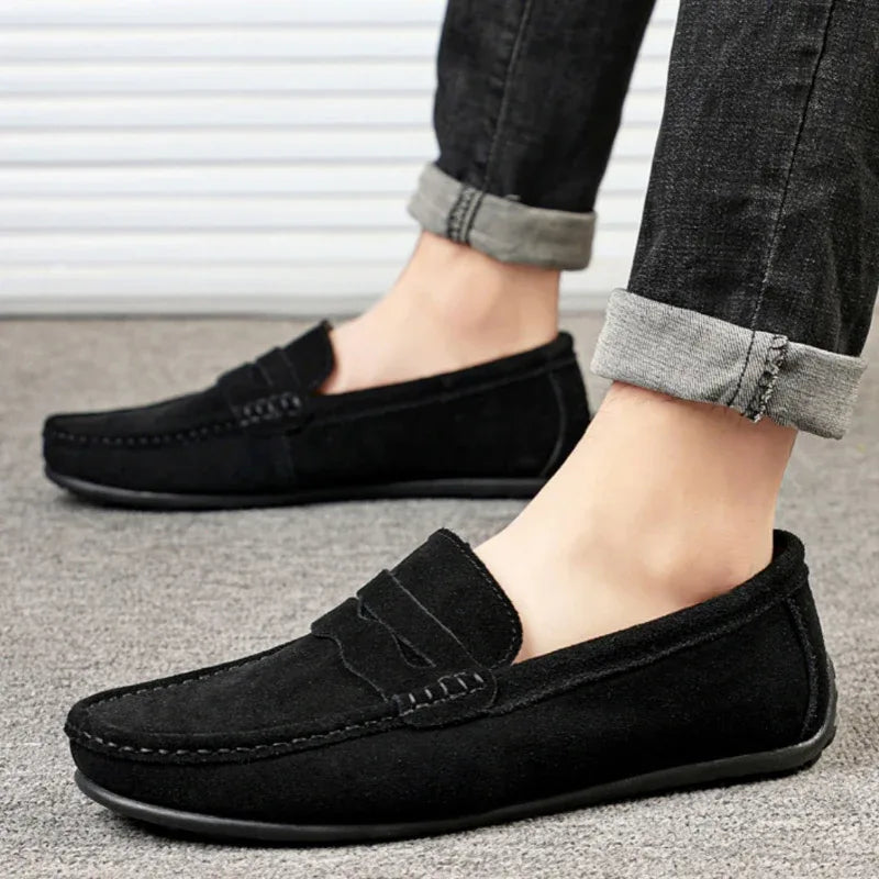 Herren Mokassins aus Veloursleder in Unifarben, Britischer Stil, Flache Freizeitschuhe