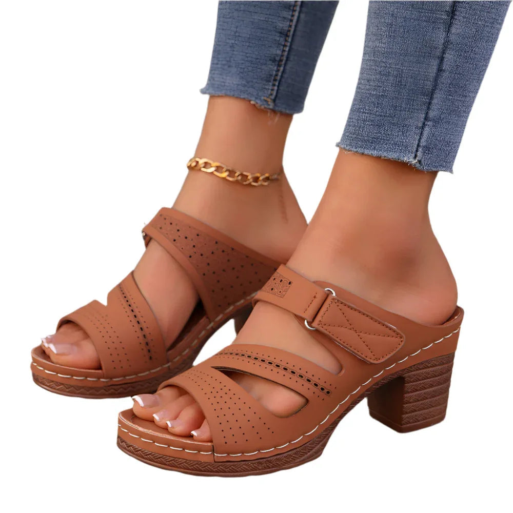 Sandales d'été à talon carré et bout ouvert pour femmes Chaussures décontractées de couleur unie