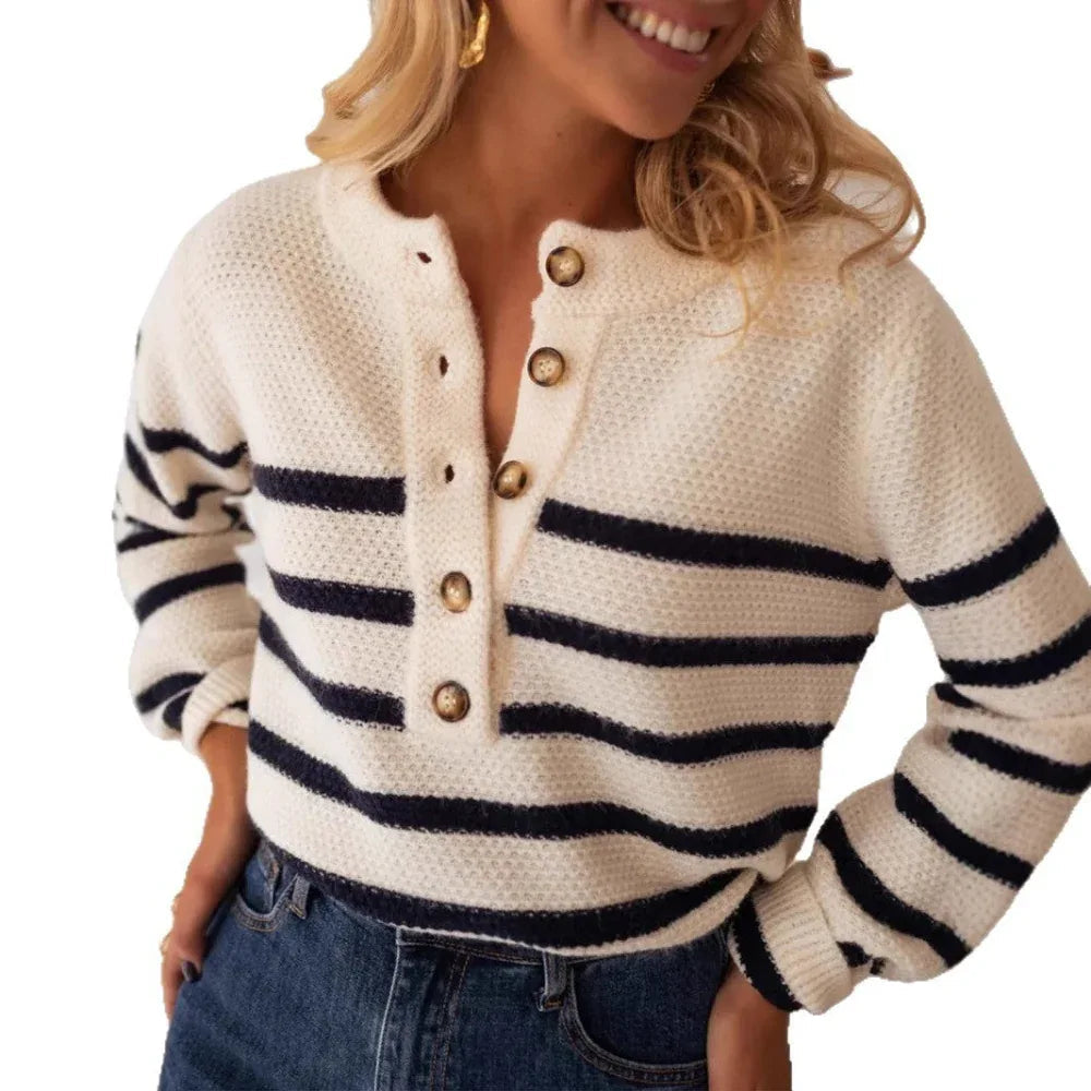 Gestreifter Pullover, modische Strickjacke mit Knöpfen, Damenpullover