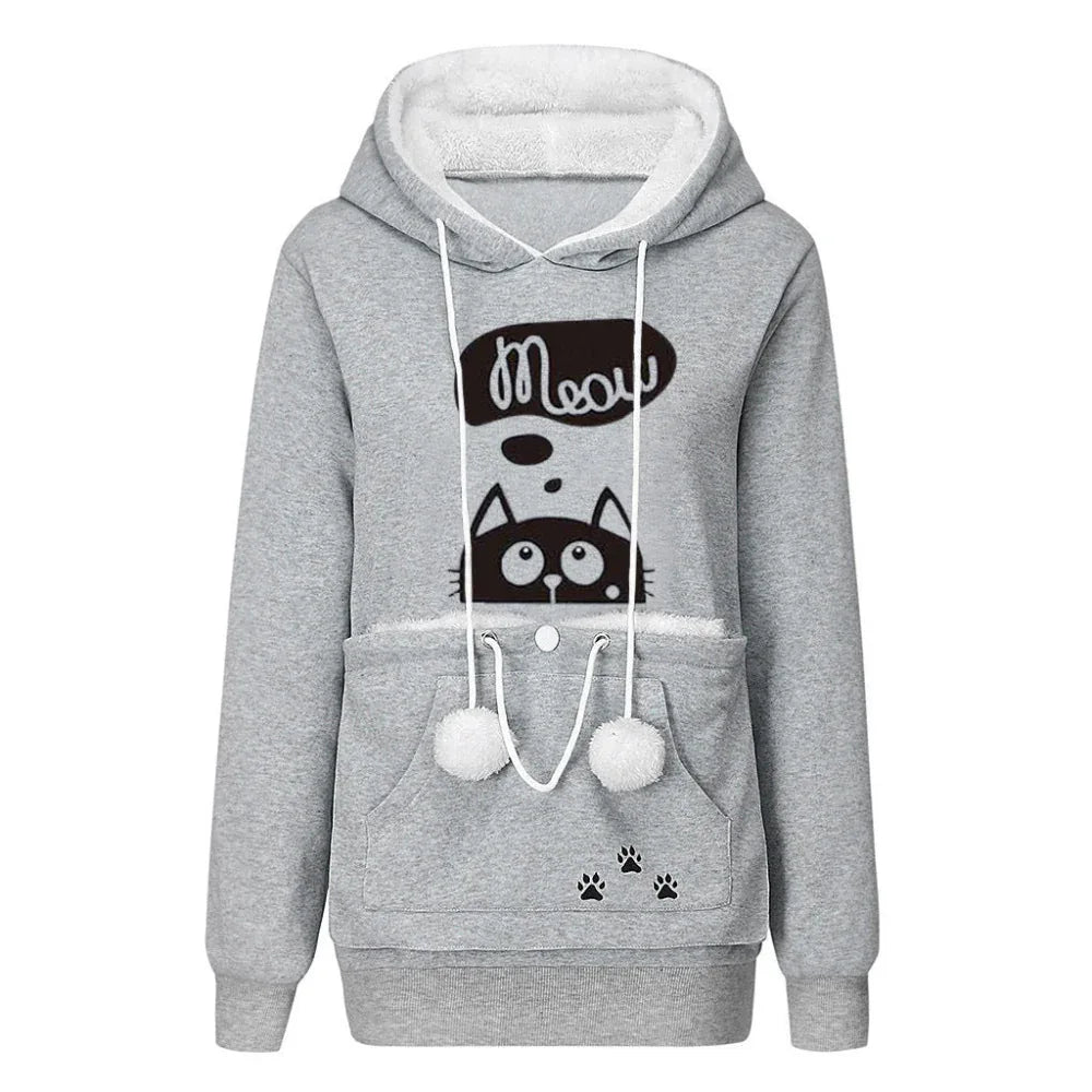 Sweat à capuche décontracté avec imprimé chat et grande poche pour animaux de compagnie, pulls à manches longues pour femmes, hauts à capuche