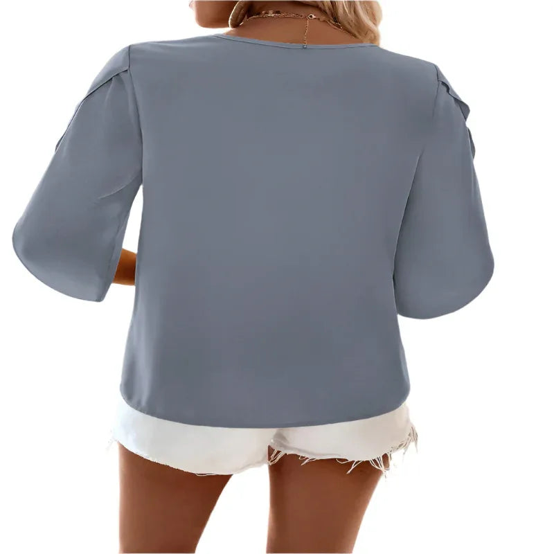 Damen Bluse mit asymmetrischem Ausschnitt und Blütenärmeln
