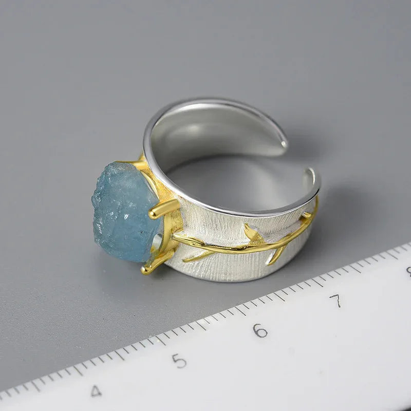 S925 Damen-Ring mit langem Blatt und Edelstein