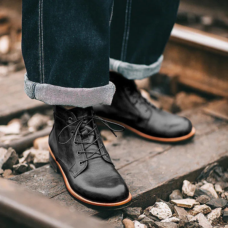 Bottes rétro homme en cuir à lacets - Chaussures moto à talon bas
