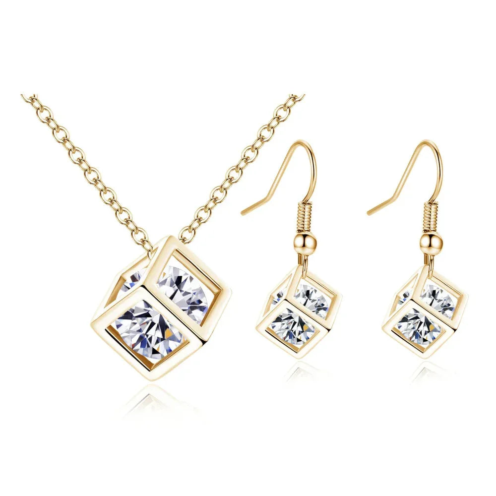 Parure Boucles d'oreilles et collier en cuivre et zircon « Cube d'eau »