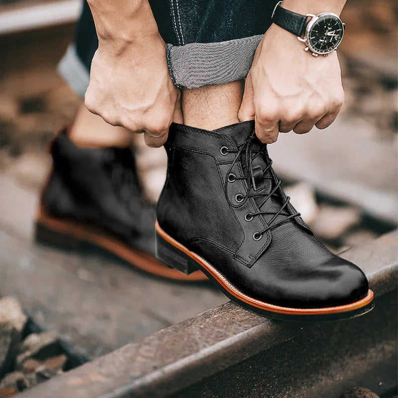 Bottes rétro homme en cuir à lacets - Chaussures moto à talon bas