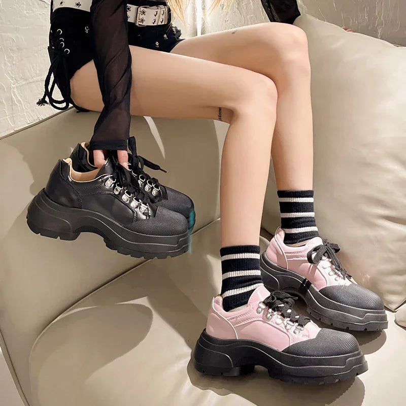 Plateau-Lederschuhe Damen Britischer Stil Sneaker