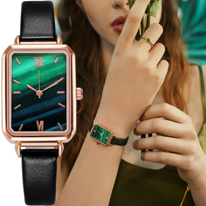 Montre rétro rectangulaire pour femme avec bracelet en cuir